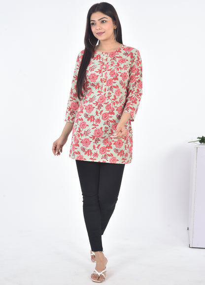 Pure Cotton Floral  Printed Top - Light Red