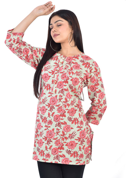 Pure Cotton Floral  Printed Top - Light Red