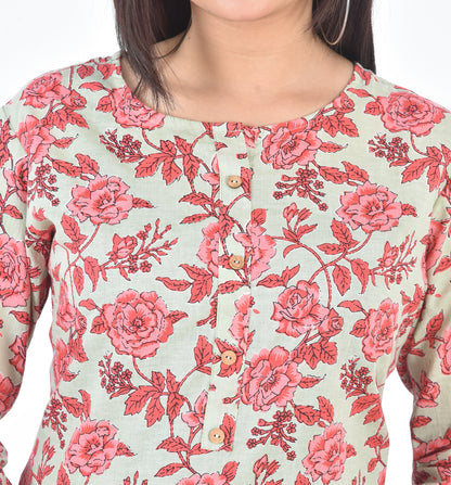 Pure Cotton Floral  Printed Top - Light Red