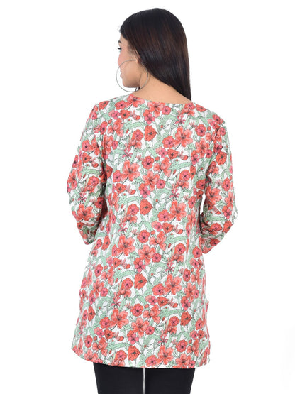 Pure Cotton Floral  Printed Top -Red Orange