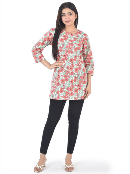 Pure Cotton Floral  Printed Top -Red Orange
