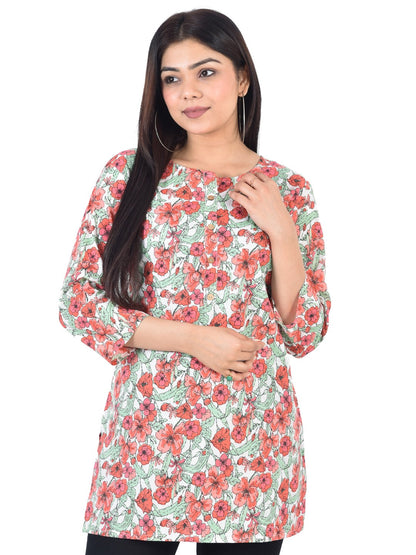 Pure Cotton Floral  Printed Top -Red Orange