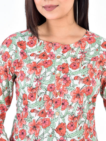 Pure Cotton Floral  Printed Top -Red Orange