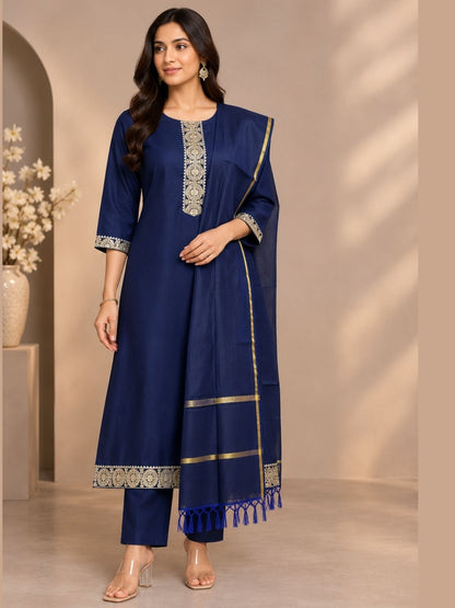 Royal Edit Viscose Silk Kurta Pant & Dupatta Set - Navy