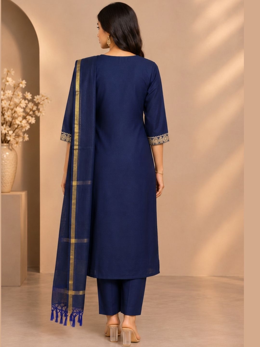 Royal Edit Viscose Silk Kurta Pant & Dupatta Set - Navy