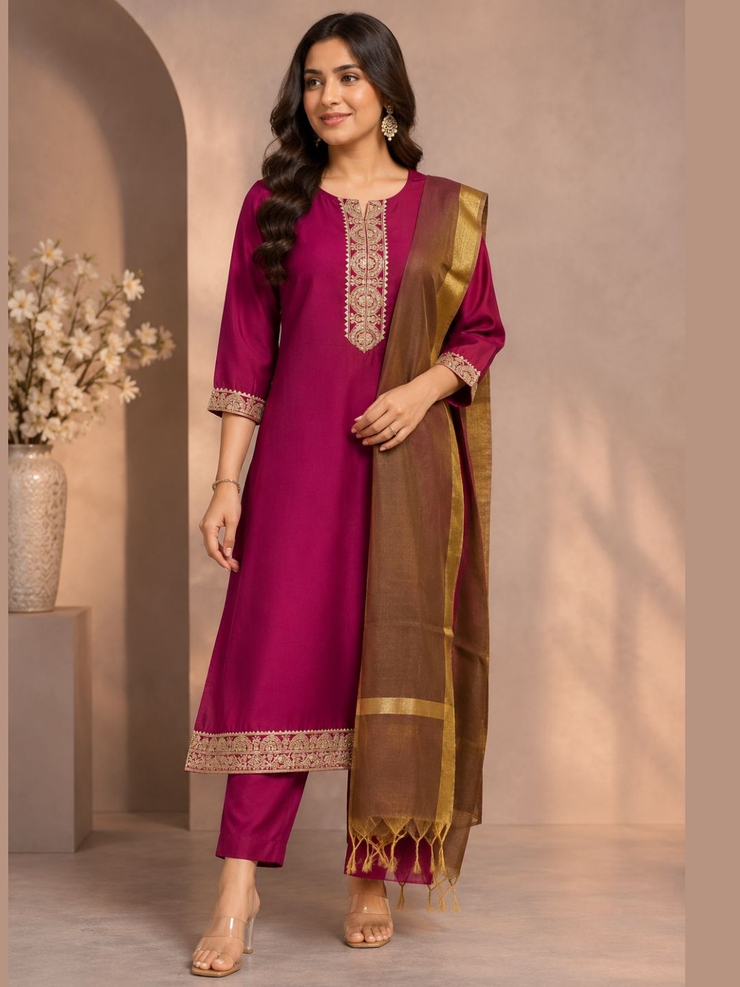 Royal Edit Viscose Silk Kurta Pant & Dupatta Set - Magenta