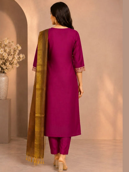 Royal Edit Viscose Silk Kurta Pant & Dupatta Set - Magenta