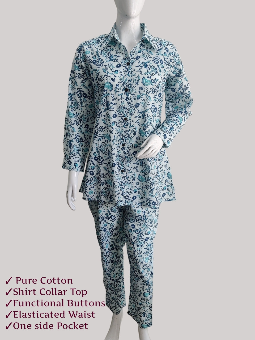 Cotton printed Shirt Style Top and Pant Co-Ord Set -White-Blue