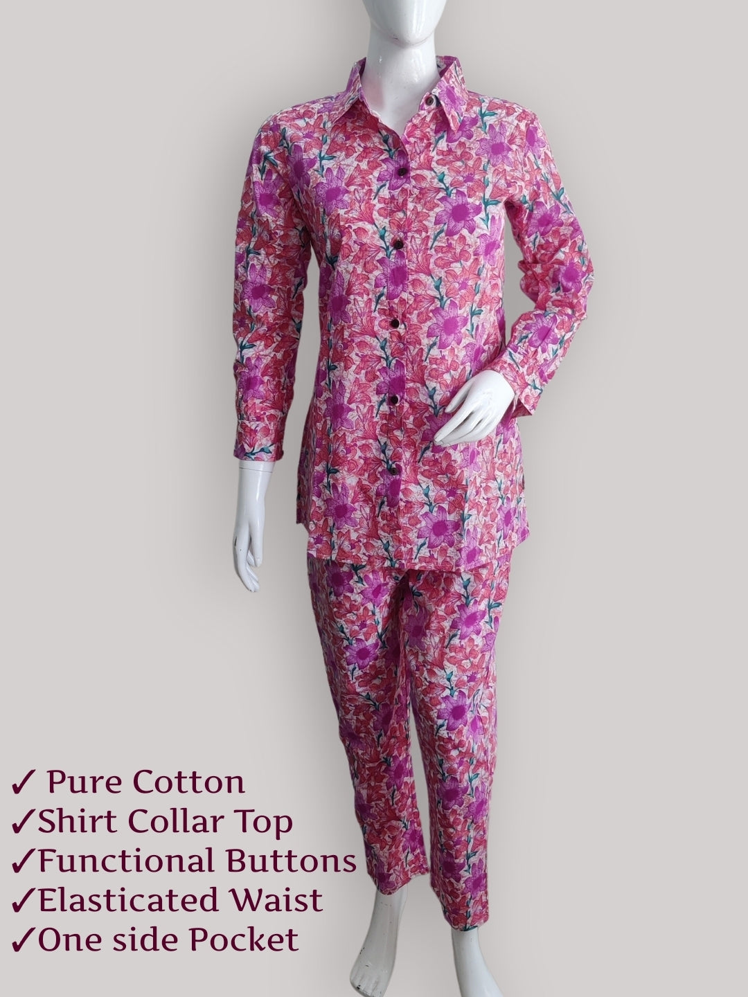 Cotton printed Shirt Style Top and Pant Co-Ord Set -Violet