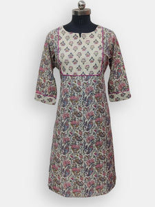 Pure Cotton Hand Embroidered Printed Straight cut Kurta - Cream