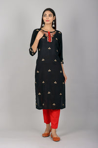 Rayon All-over Embroidered Straight Kurta (Black)