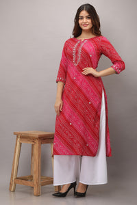 Lehariya Bandhej Print Embroidered Cotton Kurti (Pink)