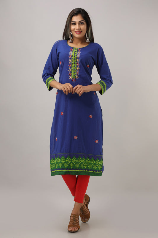 Cotton Solid Hand Embroidered Straight Kurti (Blue)