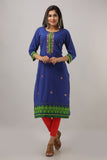 Cotton Solid Hand Embroidered Straight Kurti (Blue)