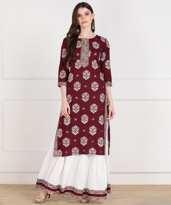 Rayon Floral Print Aari Embroidered Kurta and Skirt Set (Maroon)