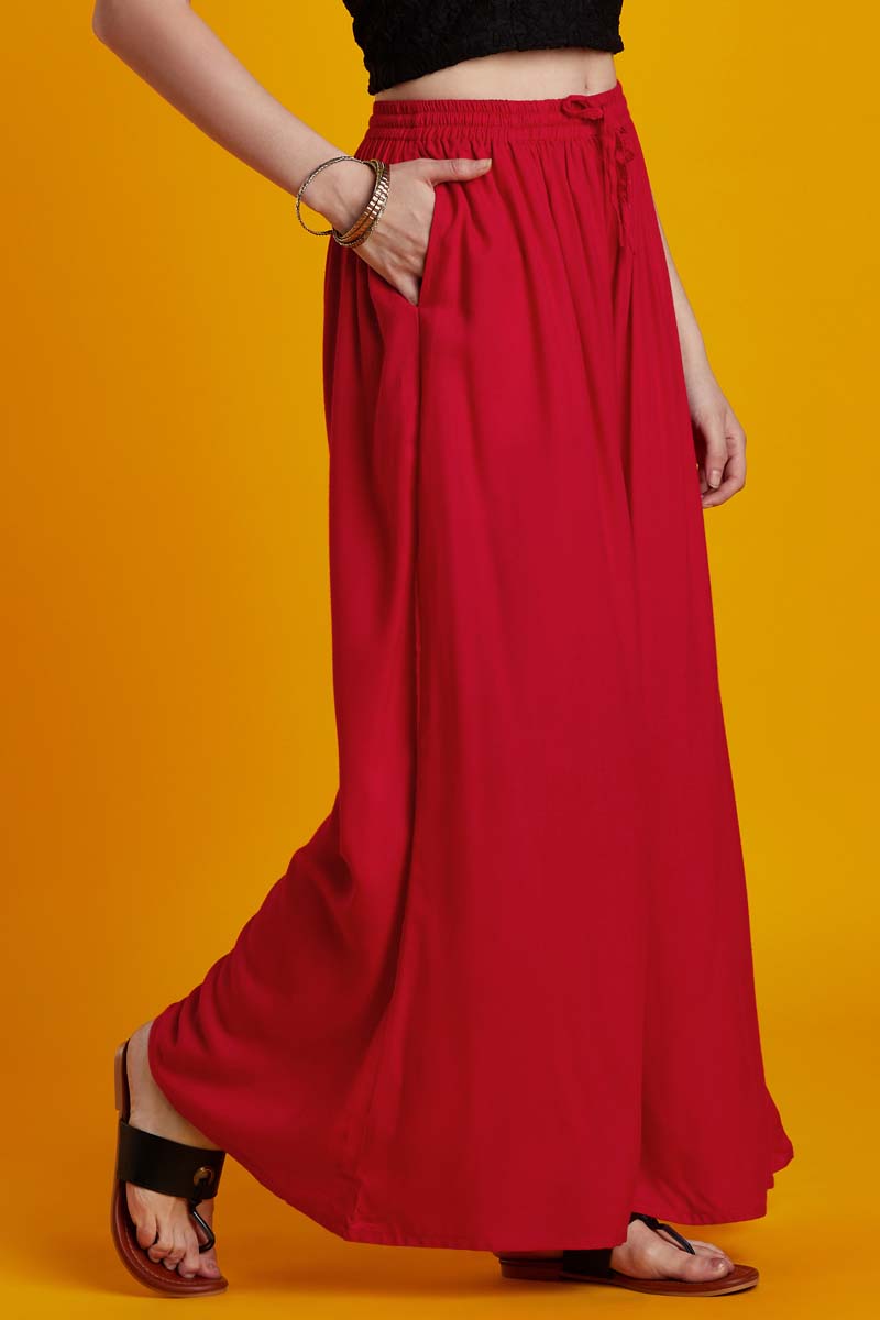 Rayon Solid Red Flared Palazzo