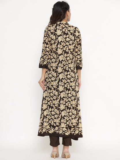 Floral Print Shrug, Top and Pant Set - Brown