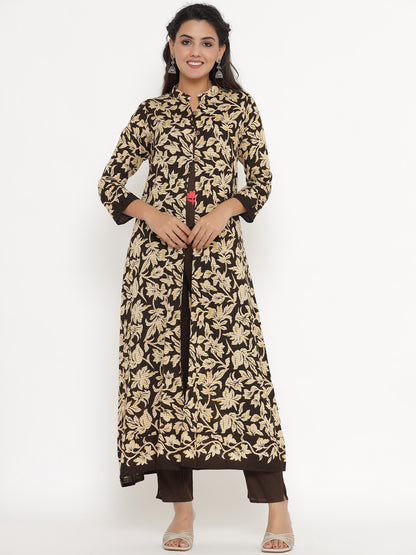 Floral Print Shrug, Top and Pant Set - Brown