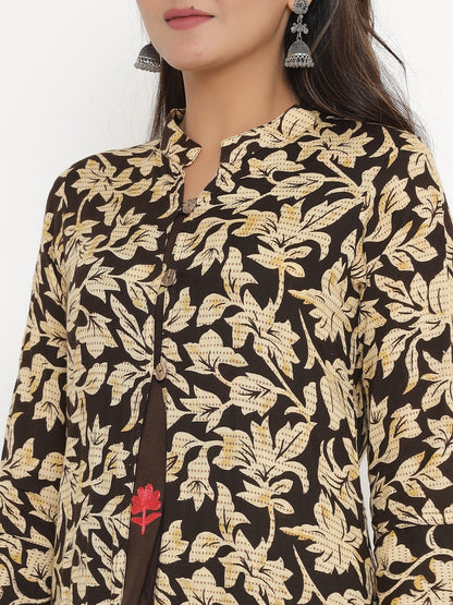 Floral Print Shrug, Top and Pant Set - Brown