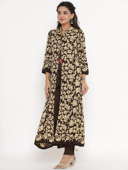 Floral Print Shrug, Top and Pant Set - Brown