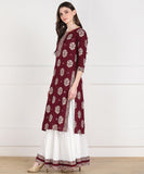 Rayon Floral Print Aari Embroidered Kurta and Skirt Set (Maroon)