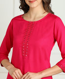 Rayon Straight Mirror Embroidered Kurti (Pink)
