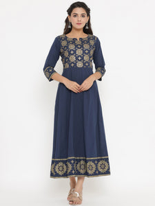 Ethnic Gold Print Sequin Embellished Anarkali Kurta - Blue