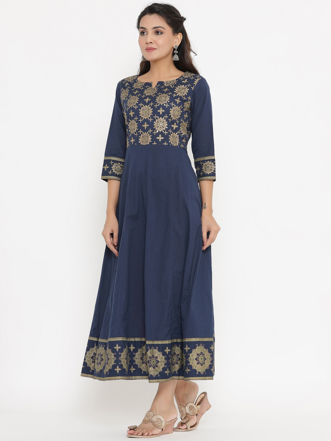 Ethnic Gold Print Sequin Embellished Anarkali Kurta - Blue