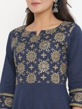 Ethnic Gold Print Sequin Embellished Anarkali Kurta - Blue