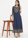 Ethnic Gold Print Sequin Embellished Anarkali Kurta - Blue