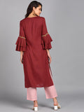 Floral Embroidered Layered Bell Sleeves Straight Kurta - Maroon