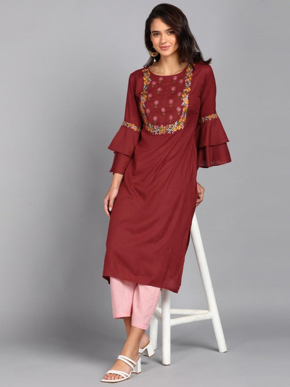 Floral Embroidered Layered Bell Sleeves Straight Kurta - Maroon