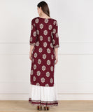 Rayon Floral Print Aari Embroidered Kurta and Skirt Set (Maroon)
