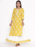 Rayon Floral Print Aari Embroidered Kurta and Skirt Set (Mustard)