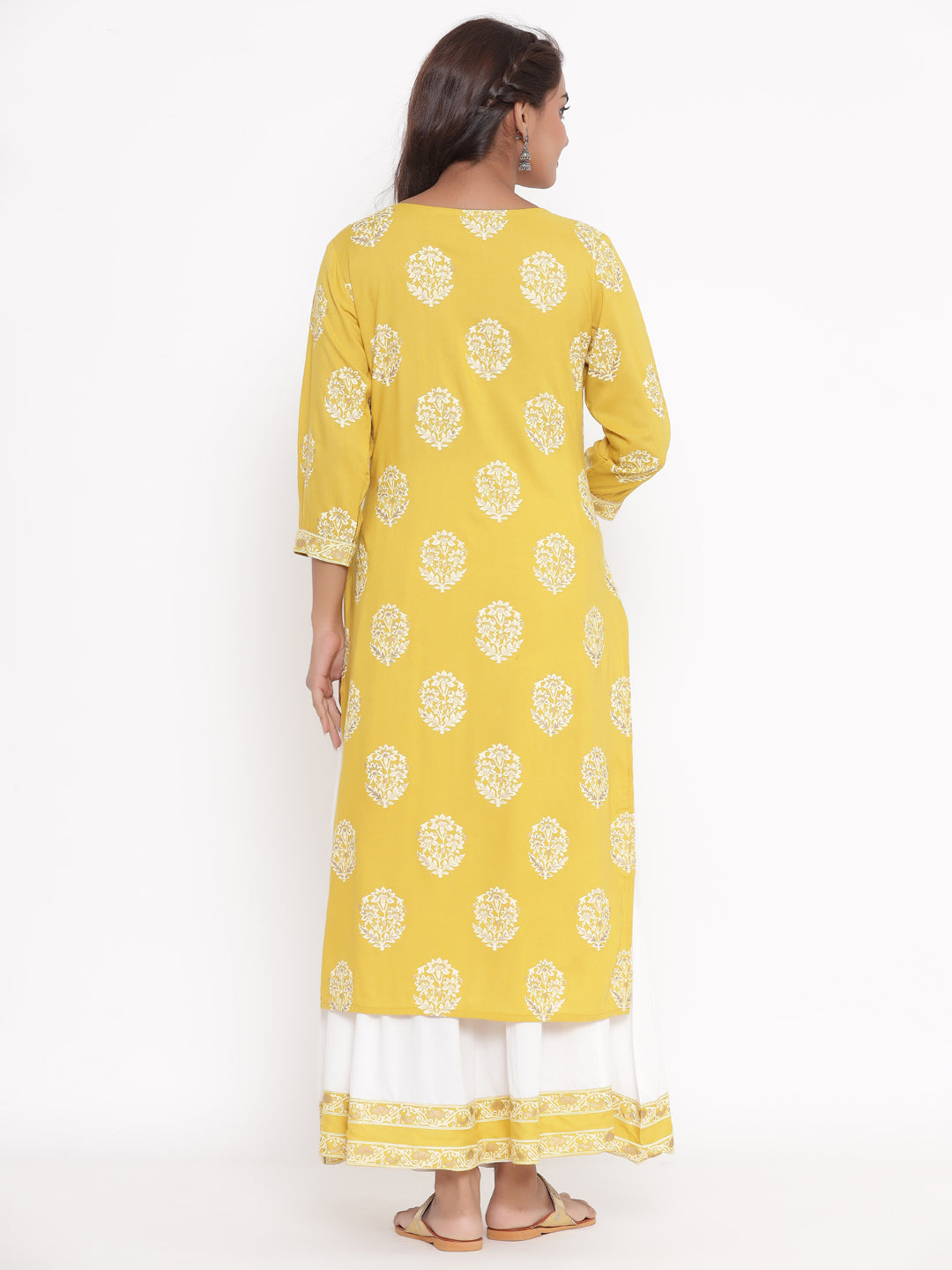 Rayon Floral Print Aari Embroidered Kurta and Skirt Set (Mustard)