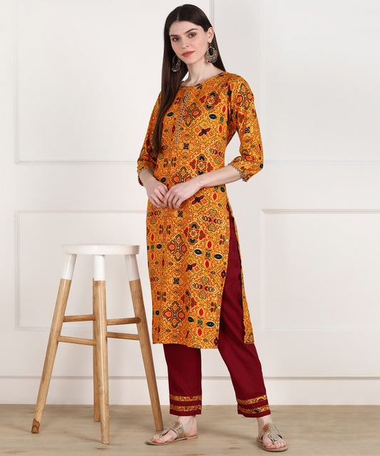 Rayon Bandhani Print Kurta Pant Set - Mustard