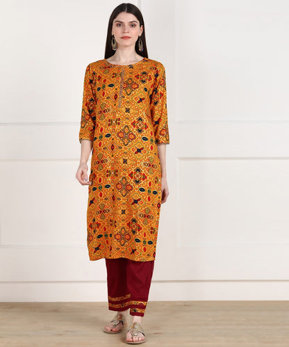 Rayon Bandhani Print Kurta Pant Set - Mustard