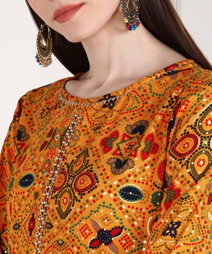 Rayon Bandhani Print Kurta Pant Set - Mustard