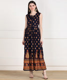Rayon Ethnic Printed Pleted Sleeveless Kurta Dress - Dark Blue