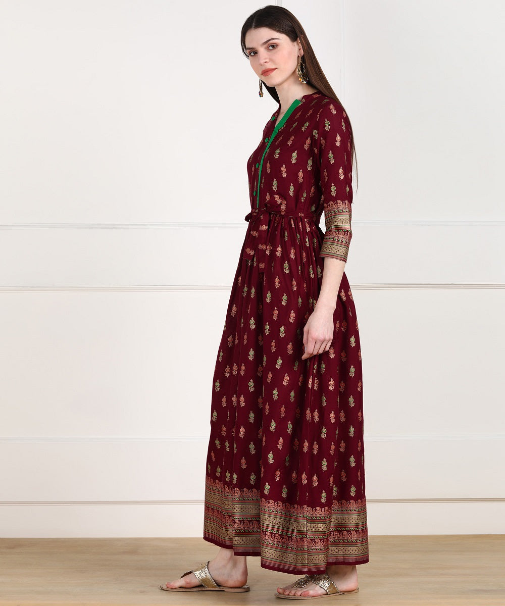 Rayon Printed Floor Length Ethnic Dress - Maroon