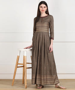 Rayon Ethnic Pleted Floor Length Dress - Grey