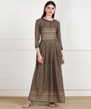 Rayon Ethnic Pleted Floor Length Dress - Grey