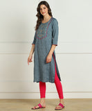 Rayon Slub Aari Embroidered Straight kurta - Blue