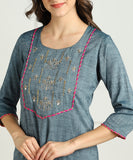 Rayon Slub Aari Embroidered Straight kurta - Blue