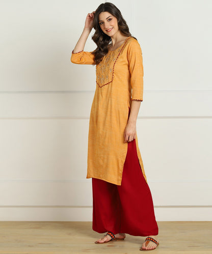 Rayon Slub Aari Embroidered Straight kurta - Mustard