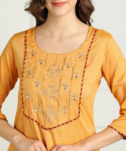 Rayon Slub Aari Embroidered Straight kurta - Mustard