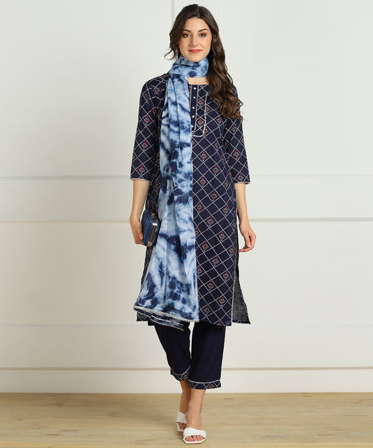 Rayon Slub Bandhani Print Kurta, Pant, Dupatta Set - Blue