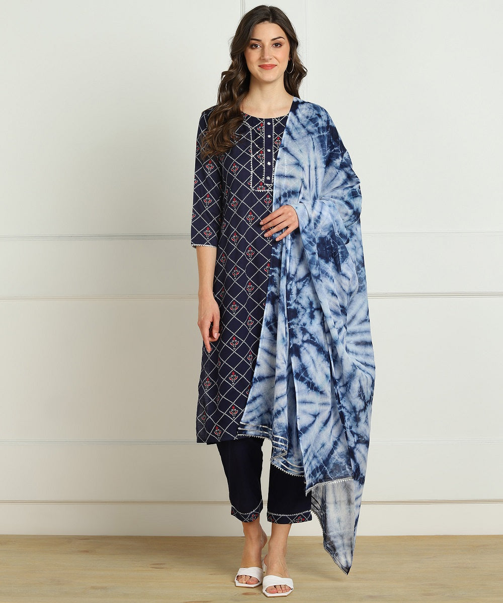 Rayon Slub Bandhani Print Kurta, Pant, Dupatta Set - Blue