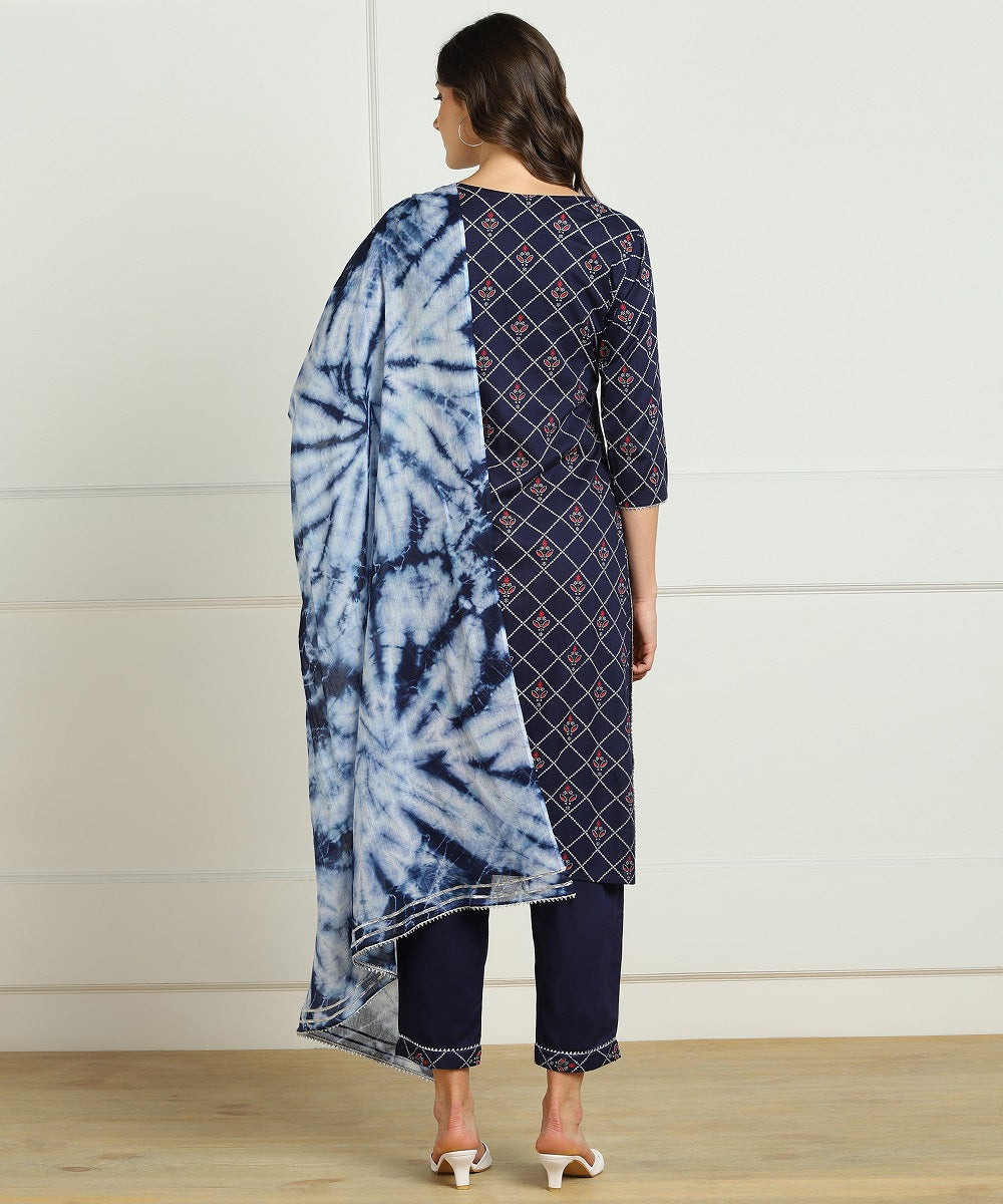 Rayon Slub Bandhani Print Kurta, Pant, Dupatta Set - Blue