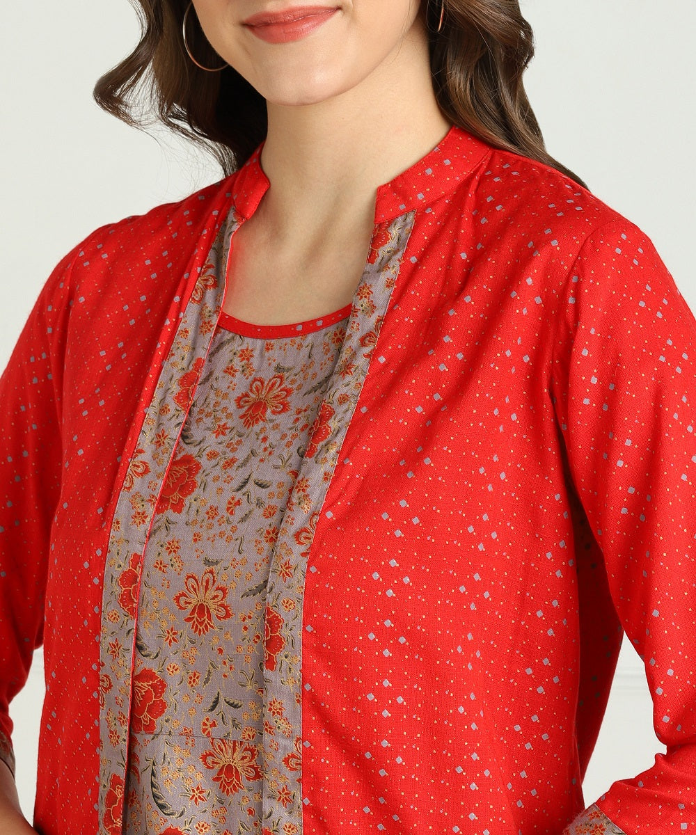 Floral Print Anarkali Kurta with Jacket - Grey/Red